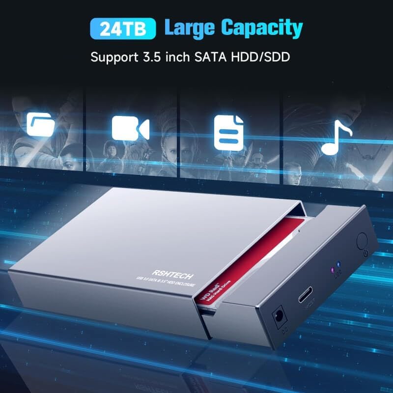 Rshtech Hard Drive Enclosure Upgraded Version 3.5" Aluminum USB C to SATA External Hard Drive Dock Case for 3.5 inch HDD & SSD up to 24TB, with 2-in-1 USB Cable, Support UASP - Image 2